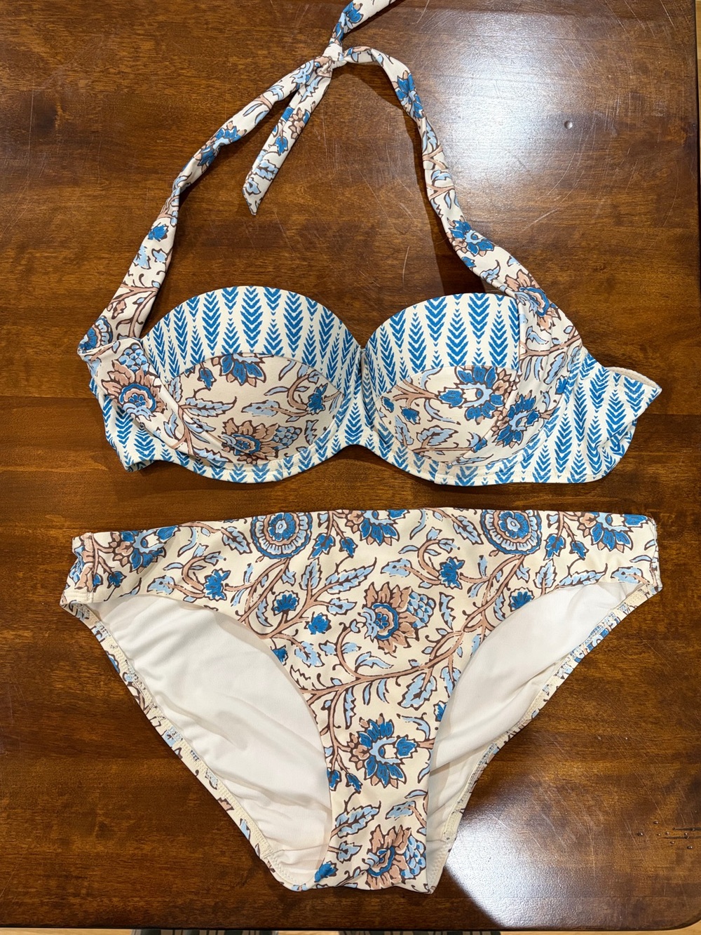 next Women’s Blue and Cream Floral Bikini Set - Bottoms Only Size US 8 / UK 12